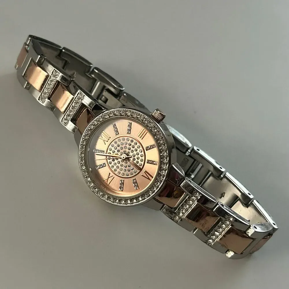 Women’s Two-tone Crystal Bezel Rose Gold Dial Watch Working New Battery